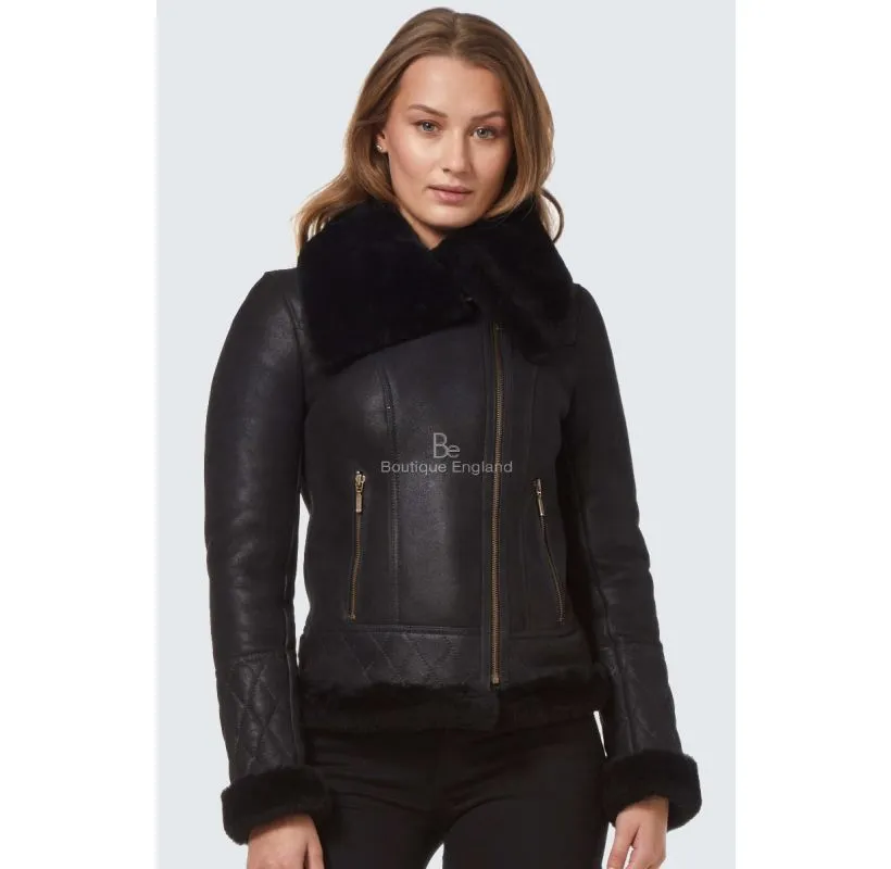Ladies Fitted Sheepskin Jacket Black Classic B3 Sharling Fur Collared Jacket