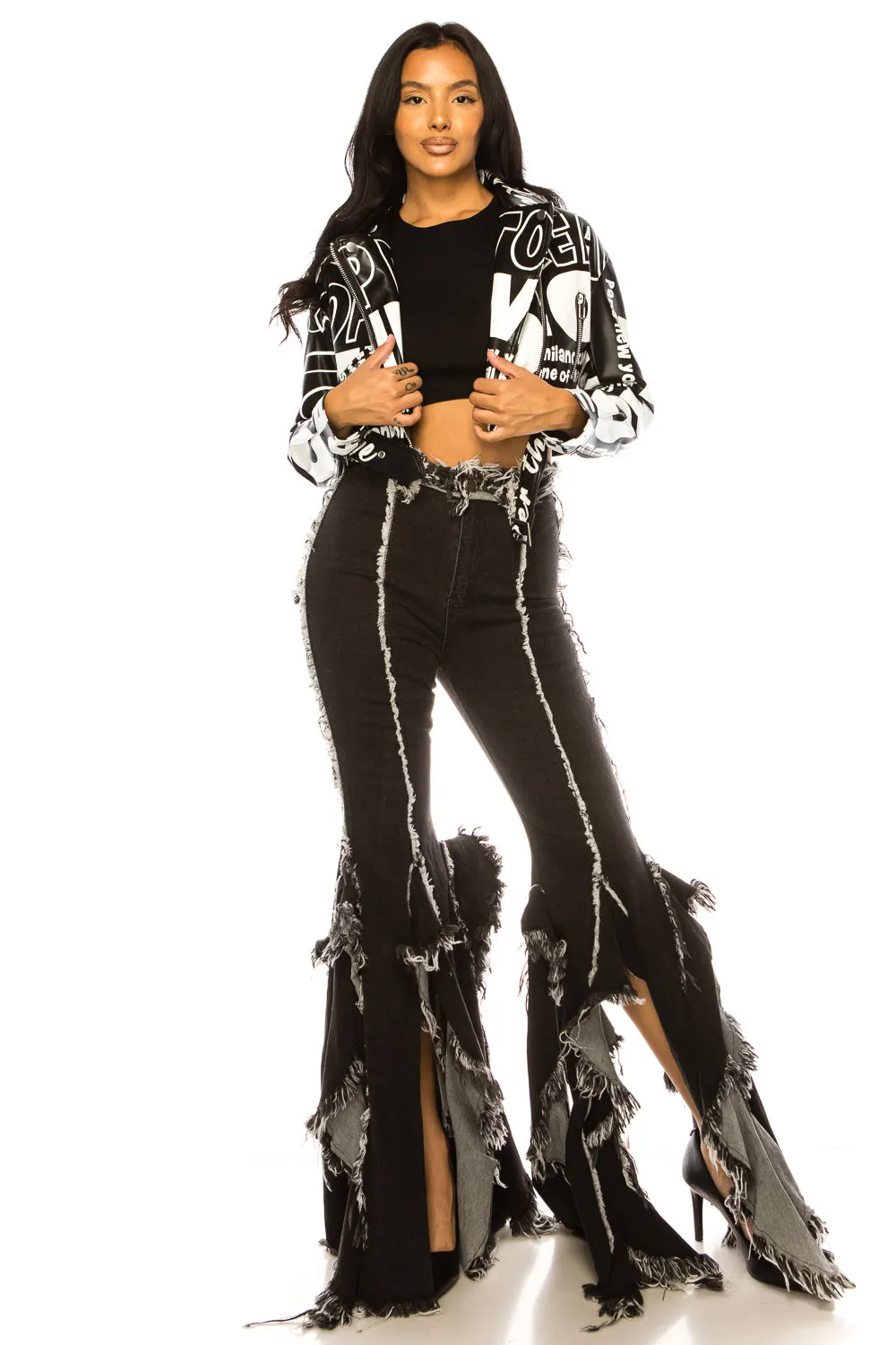 Letter Print Crop PU Leather Jacket with Belt
