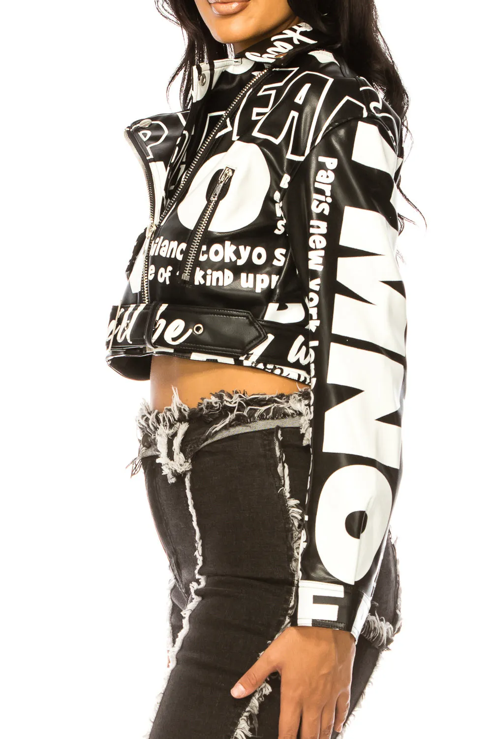Letter Print Crop PU Leather Jacket with Belt
