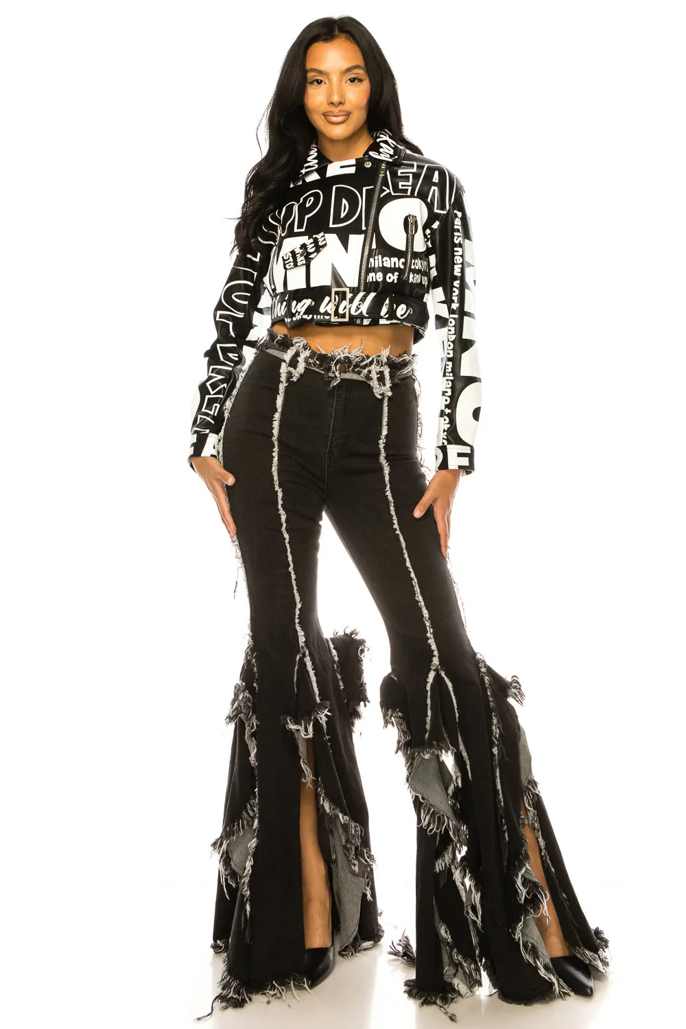 Letter Print Crop PU Leather Jacket with Belt