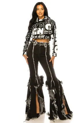Letter Print Crop PU Leather Jacket with Belt
