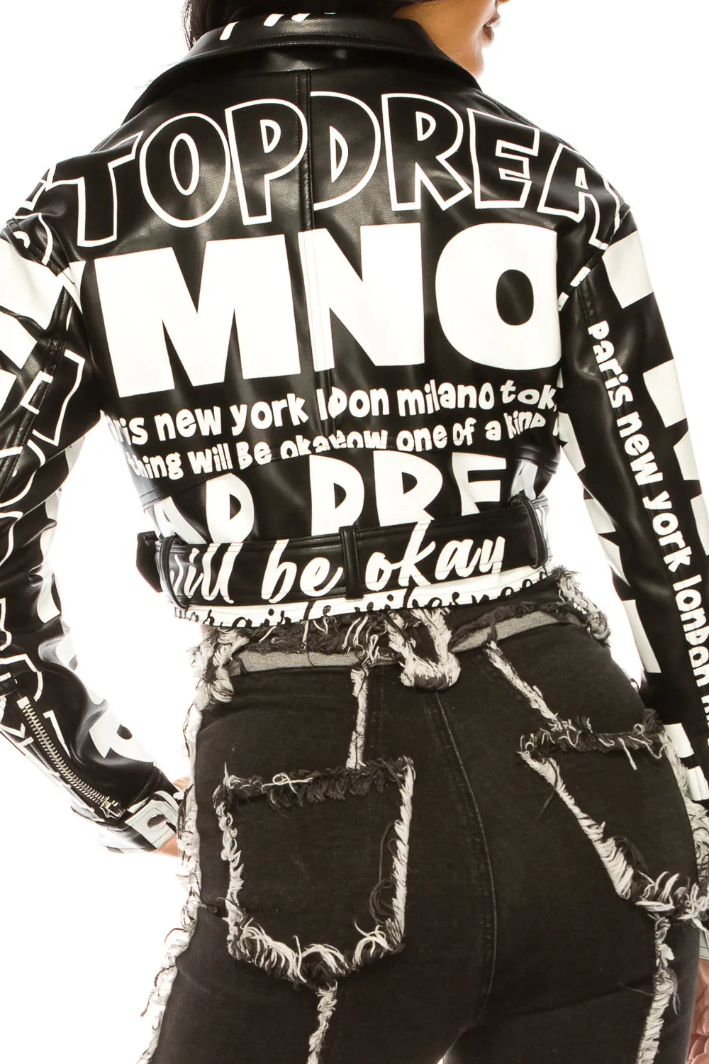 Letter Print Crop PU Leather Jacket with Belt
