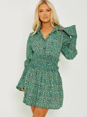 Lilly Ditsy Floral Shirred Shirt Style Dress In Green