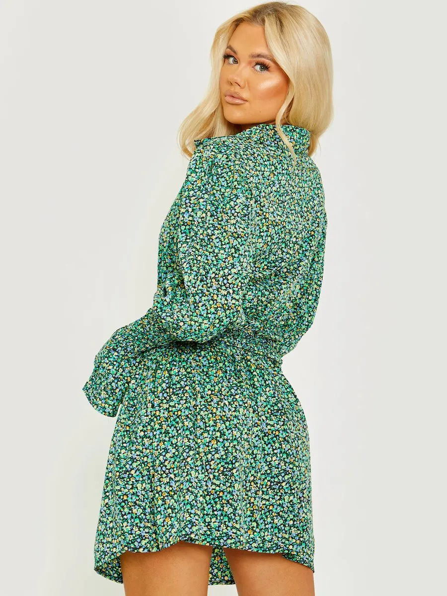 Lilly Ditsy Floral Shirred Shirt Style Dress In Green
