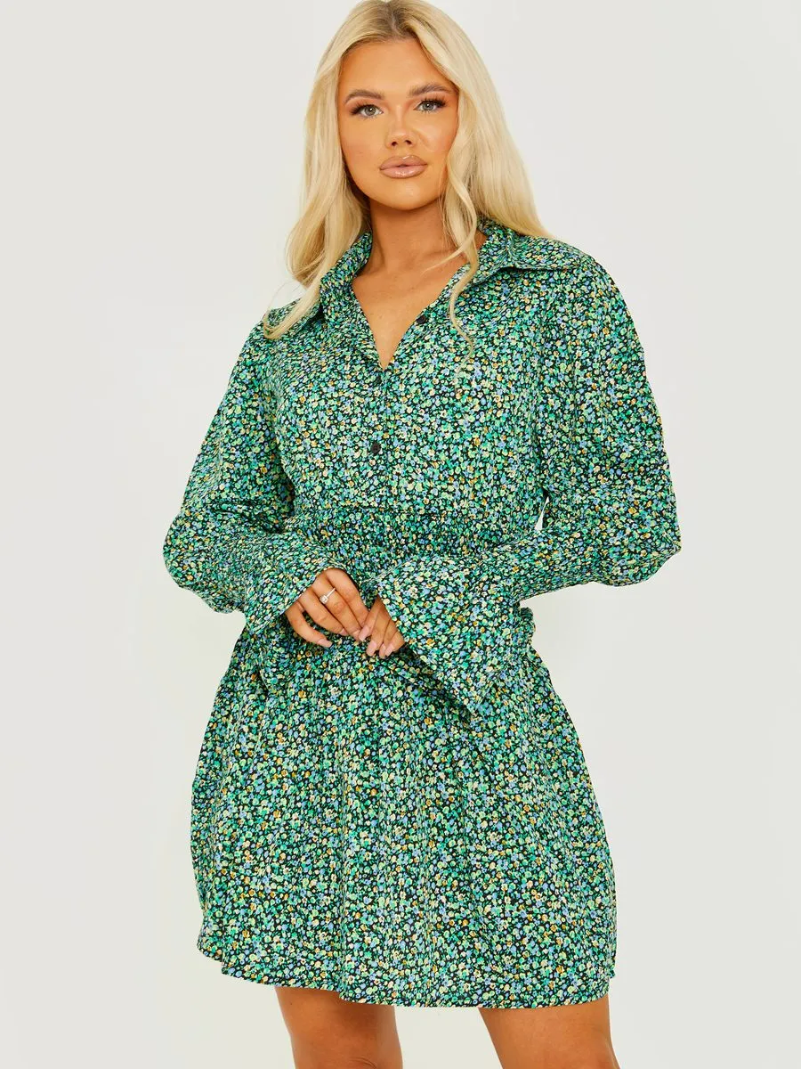 Lilly Ditsy Floral Shirred Shirt Style Dress In Green