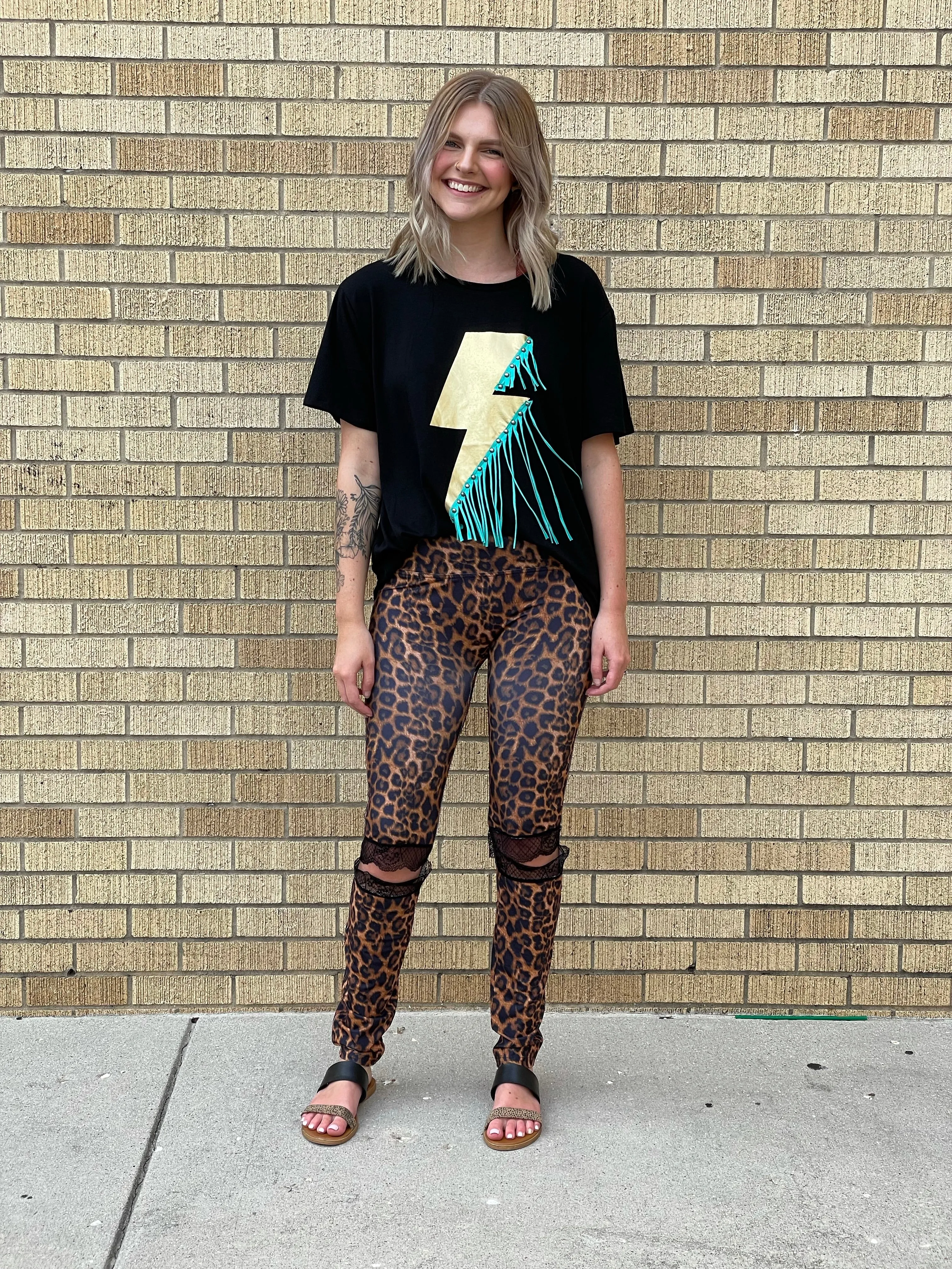 Lucky & Blessed Leopard Leggings w/ Black Lace Knee
