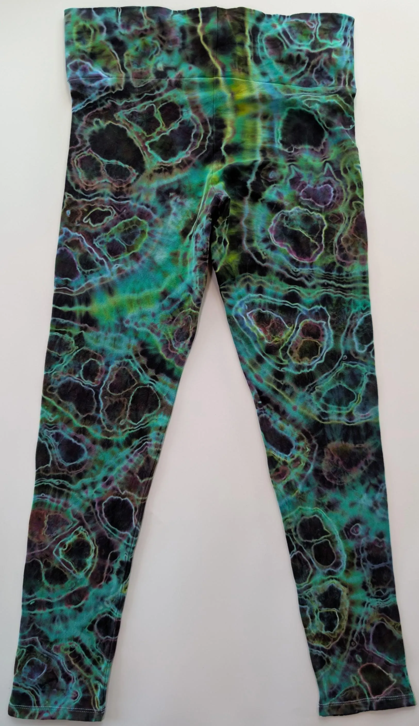 Medium Geode Tie Dye on Wide Waist Band Dancing Robin Form Fitting, Medium Thickness 92 Cotton 8% Spandex Leggings