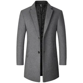 Men's Long Wool Trench Coat - Solid Color Business Casual Windbreaker for Autumn & Winter