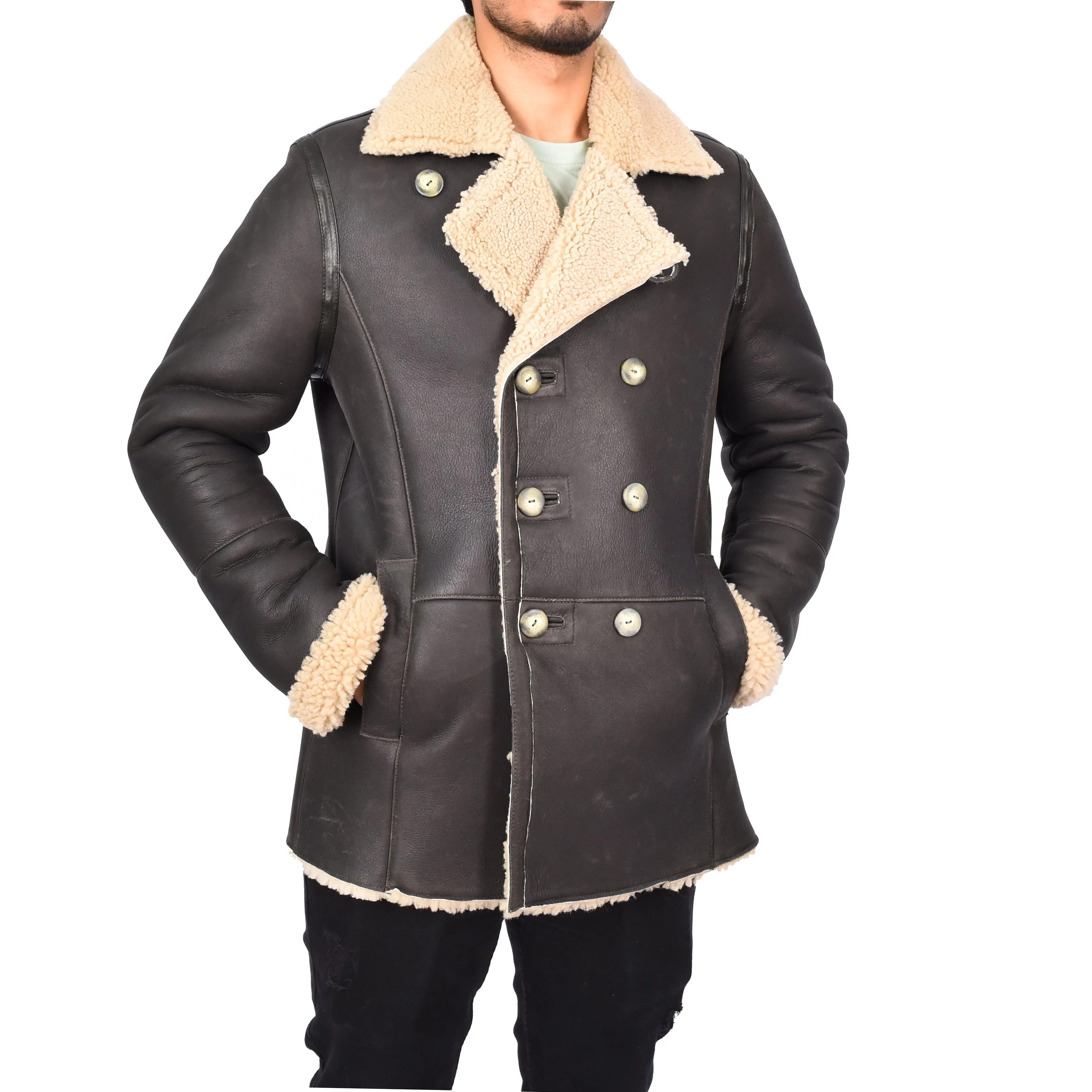 Men's Real Sheepskin Double Breasted WW1 WW2 Jacket Brown Gunner