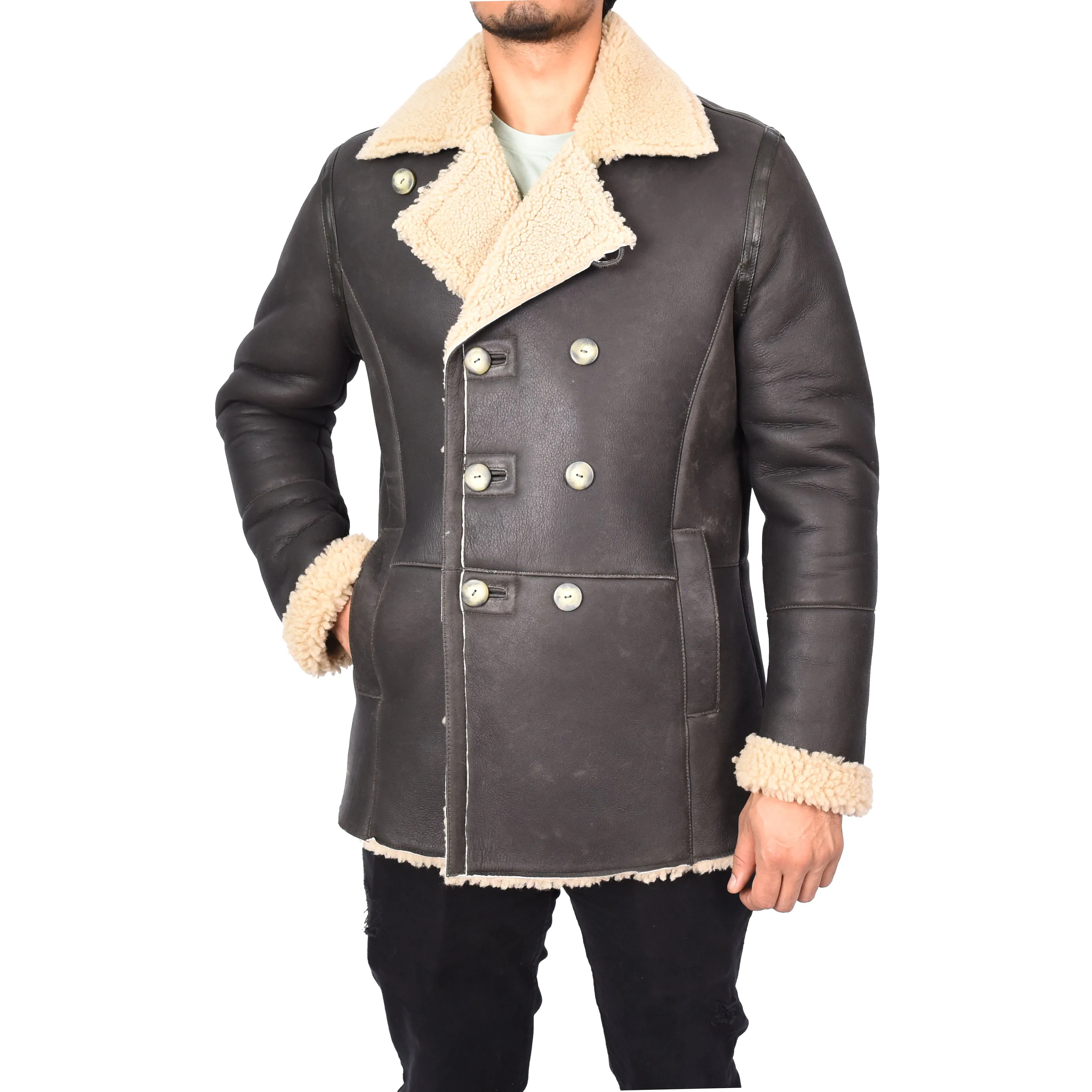Men's Real Sheepskin Double Breasted WW1 WW2 Jacket Brown Gunner