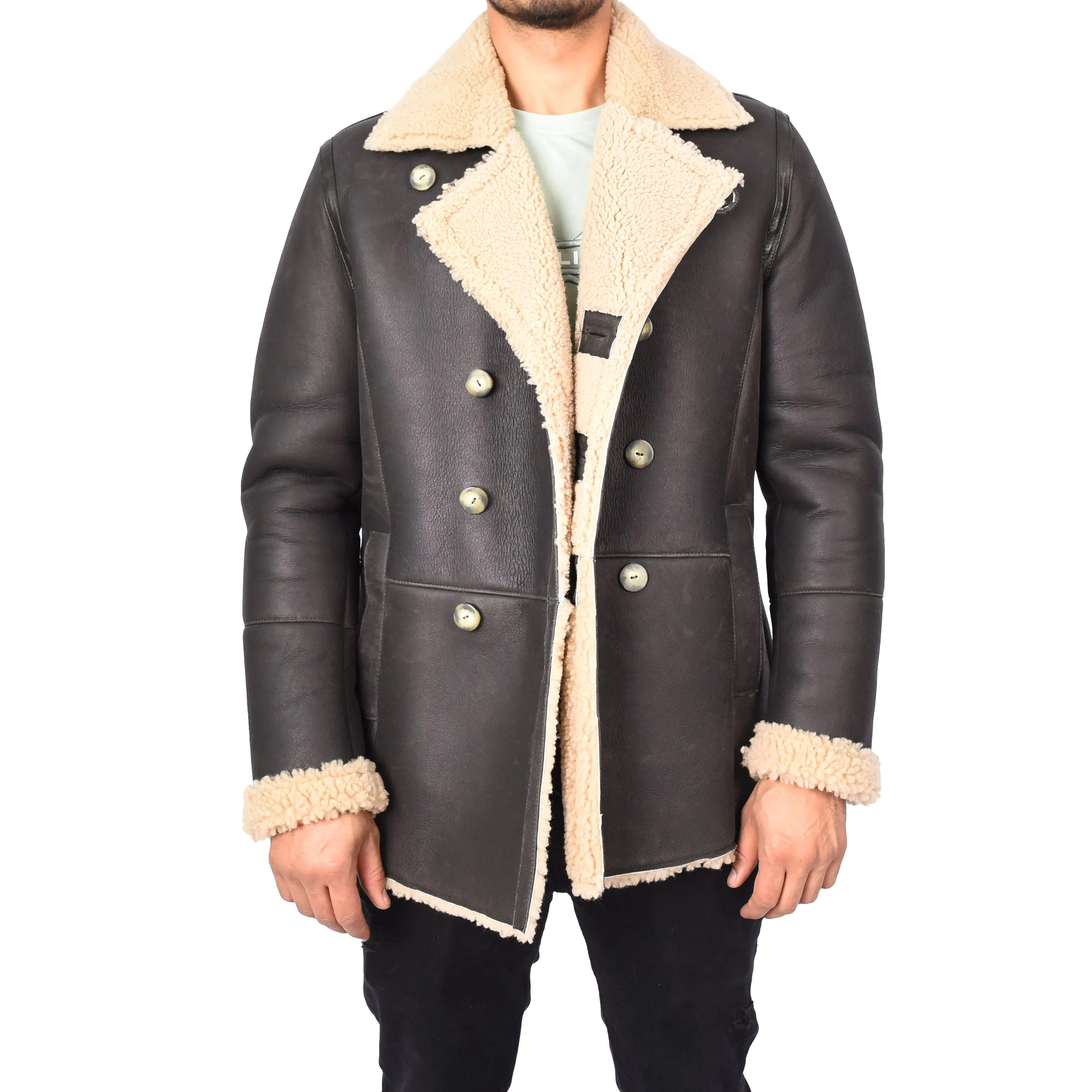 Men's Real Sheepskin Double Breasted WW1 WW2 Jacket Brown Gunner