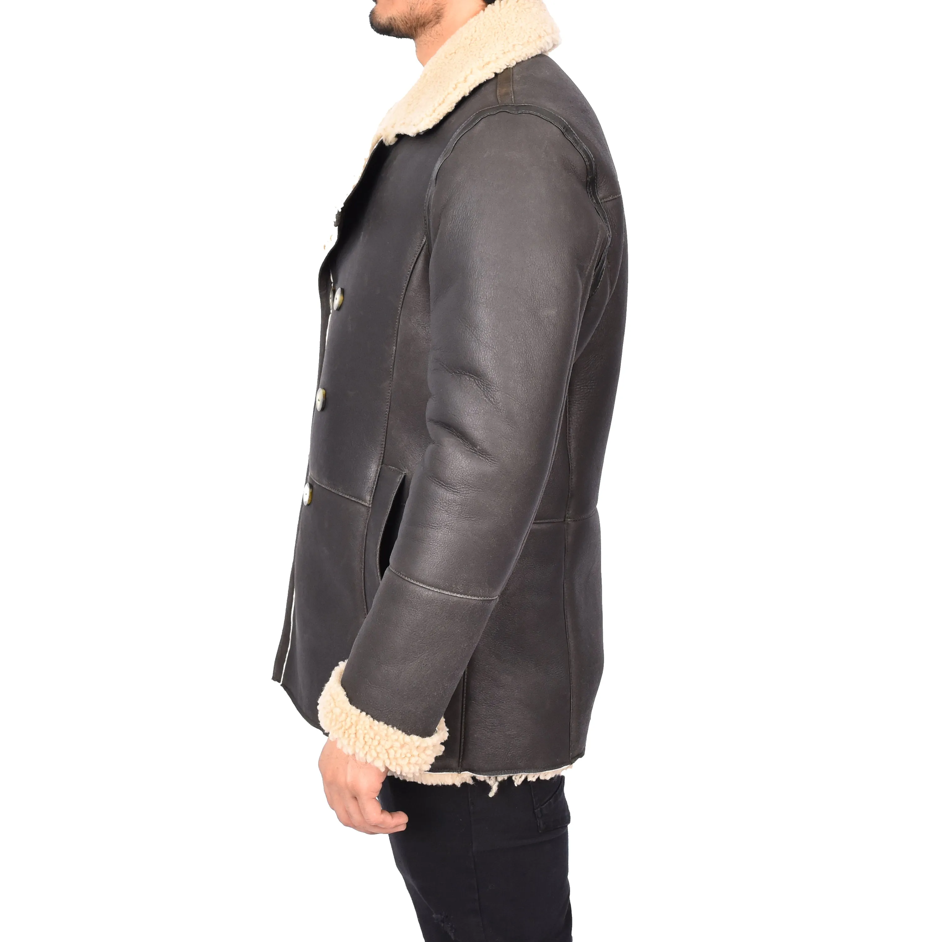 Men's Real Sheepskin Double Breasted WW1 WW2 Jacket Brown Gunner