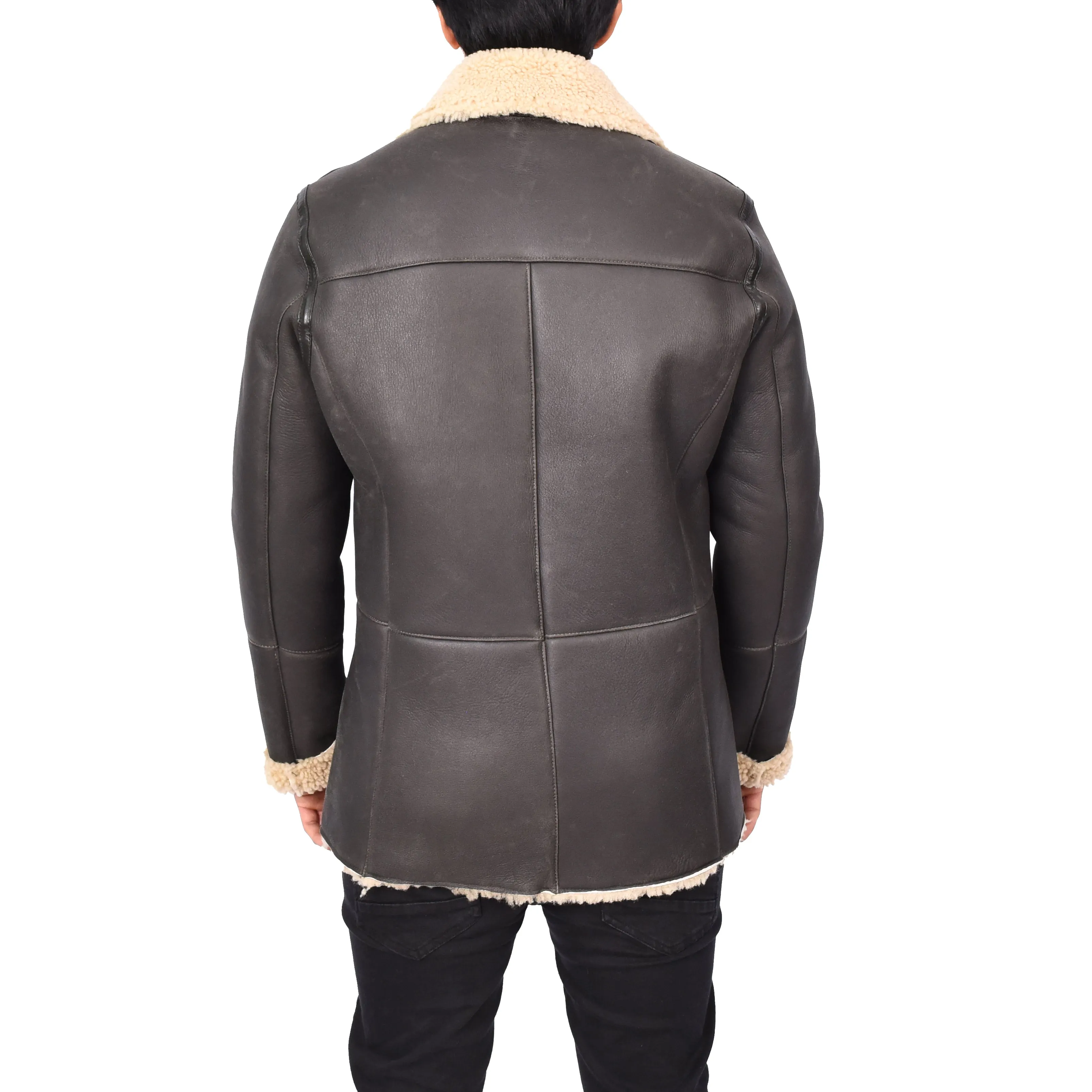 Men's Real Sheepskin Double Breasted WW1 WW2 Jacket Brown Gunner
