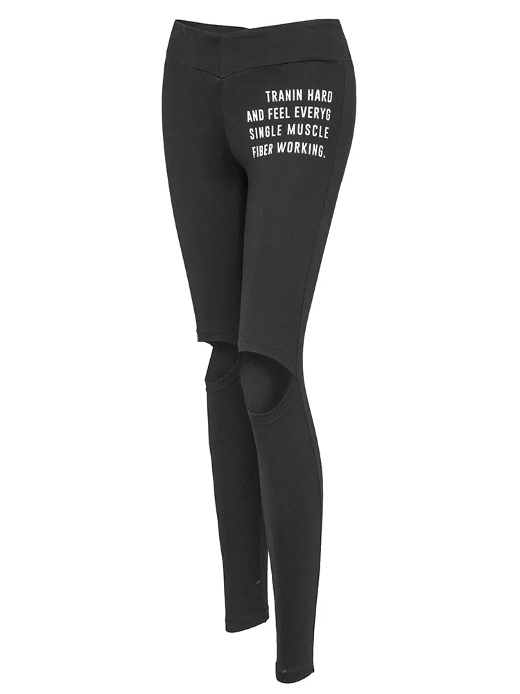 MIP LETTERS PATCH GYM LEGGINGS WITH RIPPED KNEES