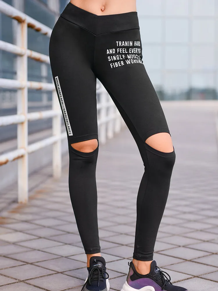MIP LETTERS PATCH GYM LEGGINGS WITH RIPPED KNEES