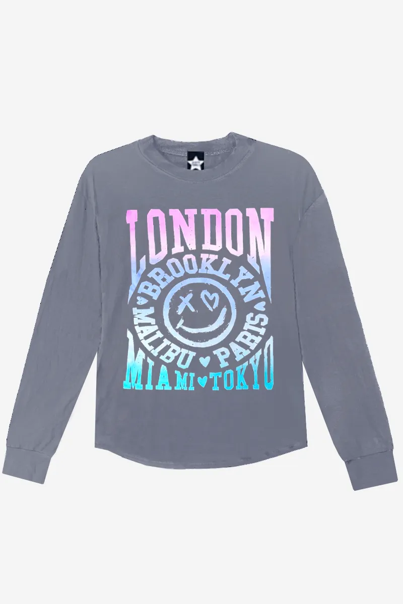 Modal Long Sleeve Shirttail Top - Grey Pink Cities