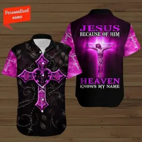 Pink Cross Baseball Jersey - Because Of Him Heaven Knows My Name Custom Baseball Jersey