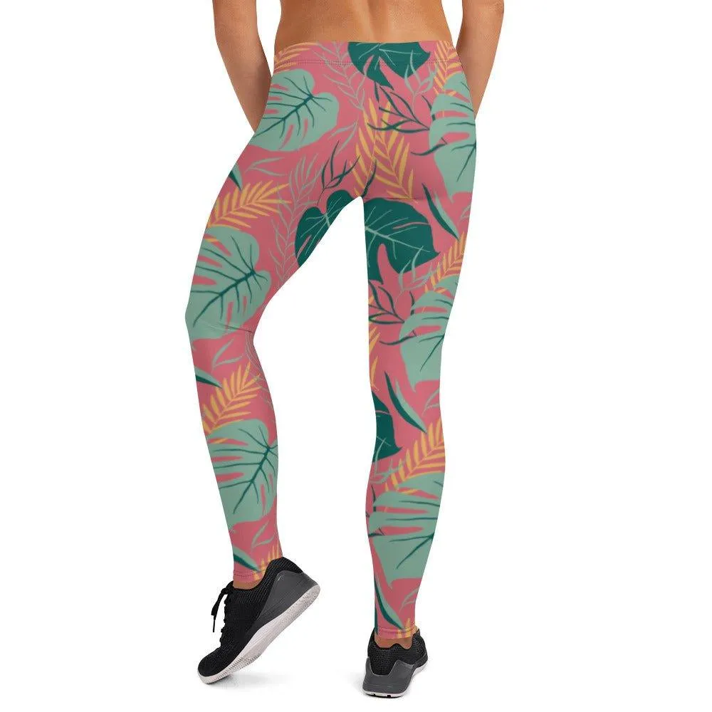 Pink Tropical Leaves Women's Mid-Rise Leggings