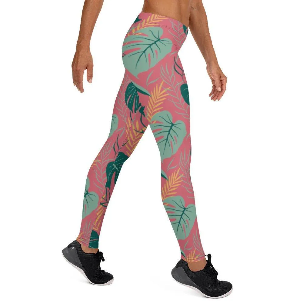 Pink Tropical Leaves Women's Mid-Rise Leggings