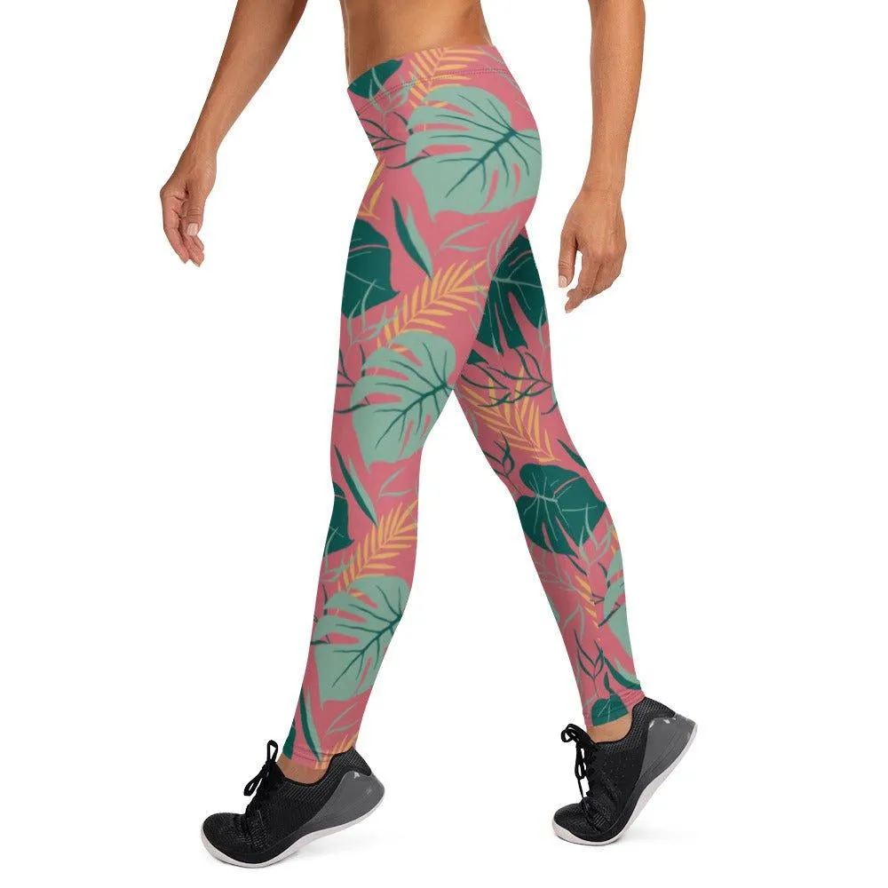 Pink Tropical Leaves Women's Mid-Rise Leggings
