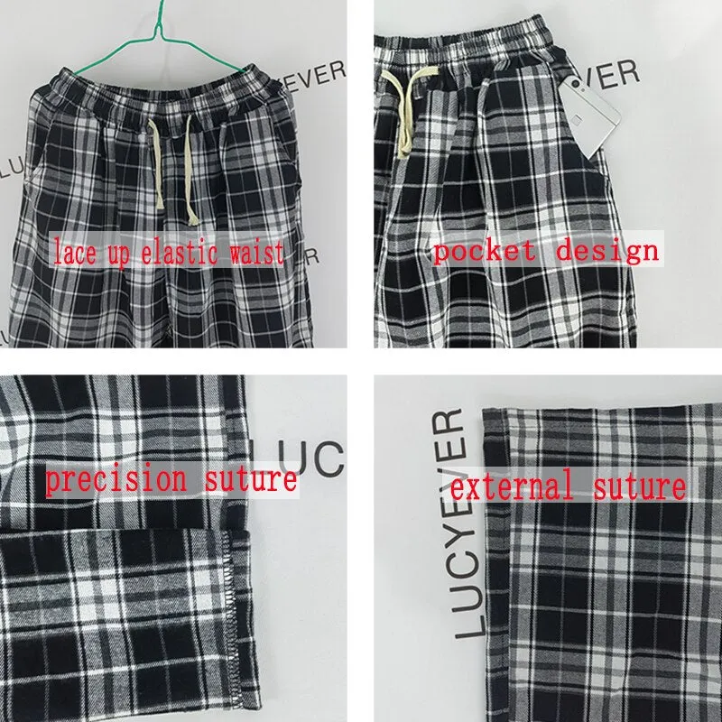 Plaid Pants Women Summer Casual Wide Leg Trousers Teens Hip Hop Unisex Loose Straight Pants