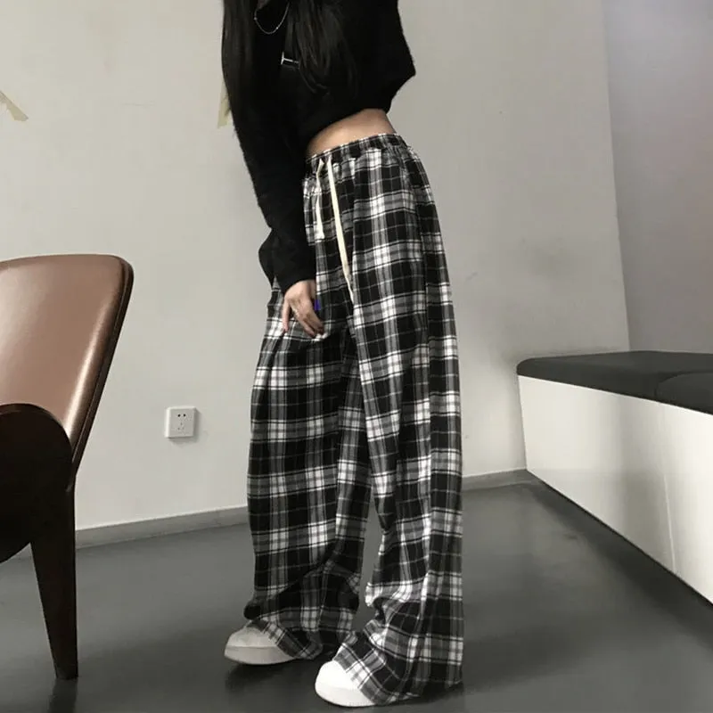 Plaid Pants Women Summer Casual Wide Leg Trousers Teens Hip Hop Unisex Loose Straight Pants