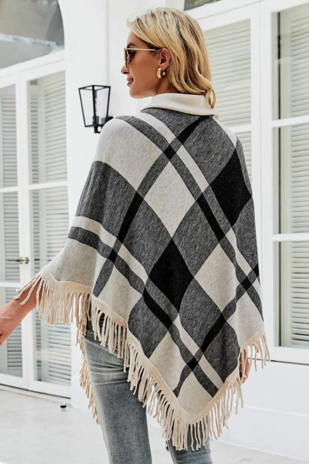 Plaid Turtleneck Fringe Hem Poncho | Trendy Casual Stretch Acrylic Poncho