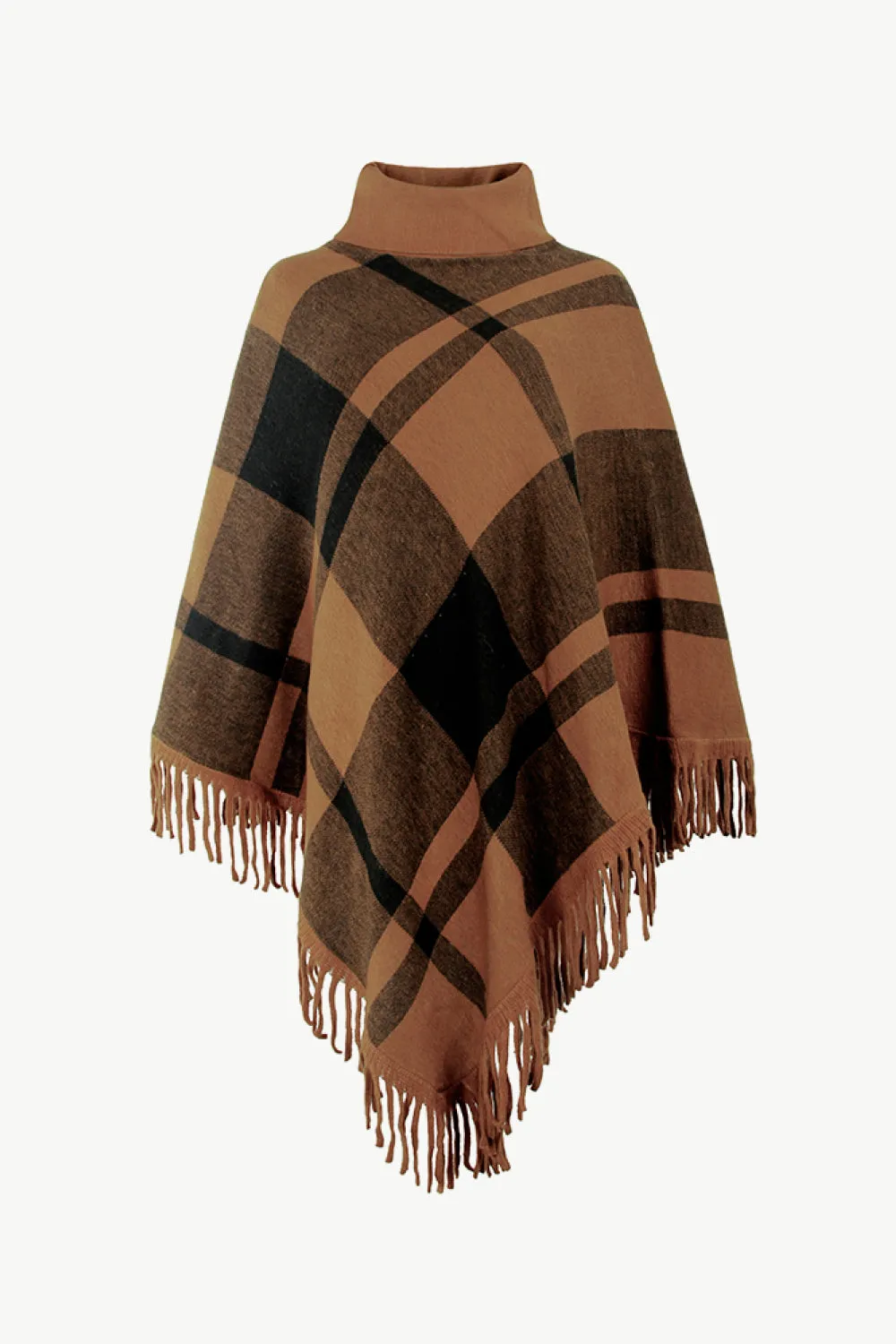 Plaid Turtleneck Fringe Hem Poncho | Trendy Casual Stretch Acrylic Poncho