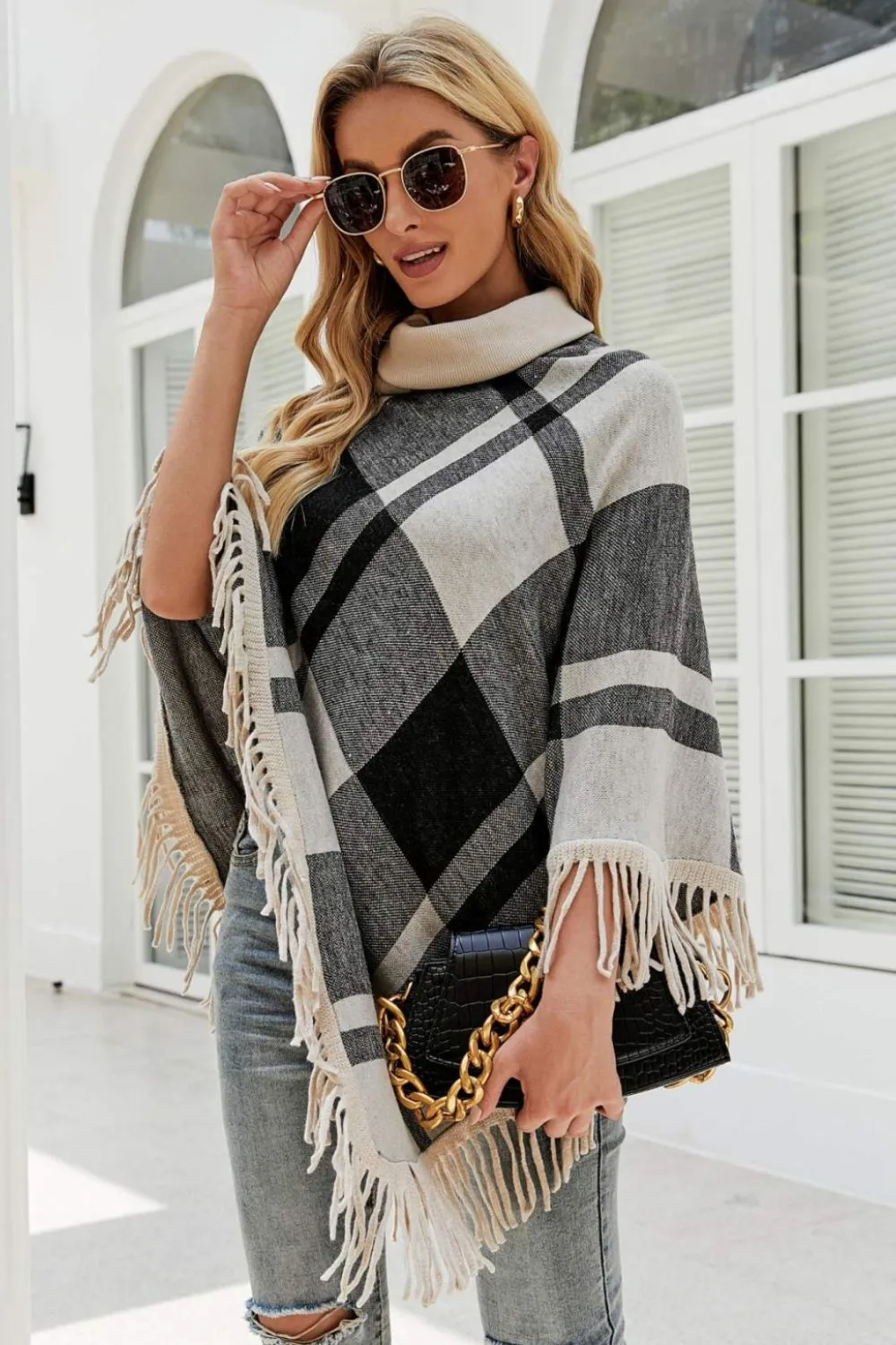 Plaid Turtleneck Fringe Hem Poncho | Trendy Casual Stretch Acrylic Poncho