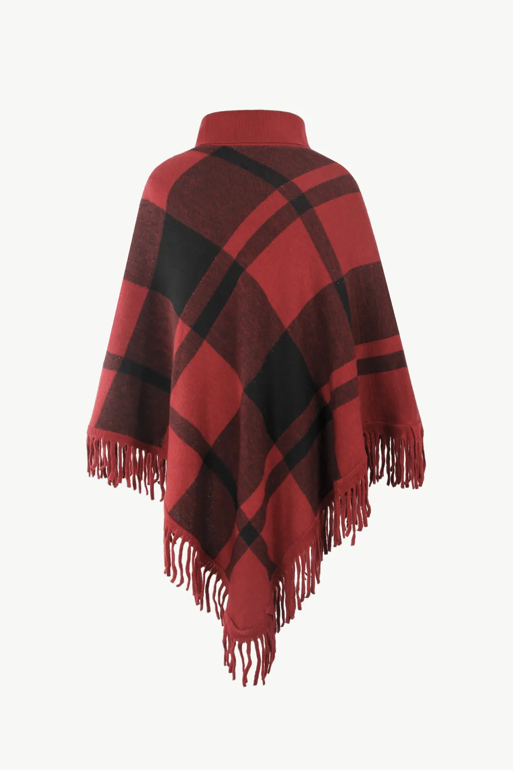 Plaid Turtleneck Fringe Hem Poncho | Trendy Casual Stretch Acrylic Poncho