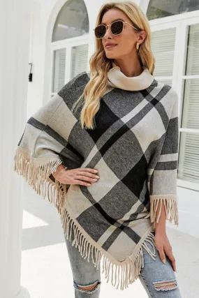 Plaid Turtleneck Fringe Hem Poncho | Trendy Casual Stretch Acrylic Poncho