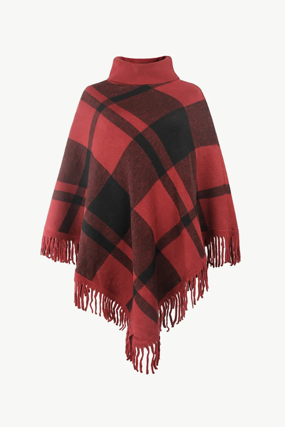 Plaid Turtleneck Fringe Hem Poncho | Trendy Casual Stretch Acrylic Poncho