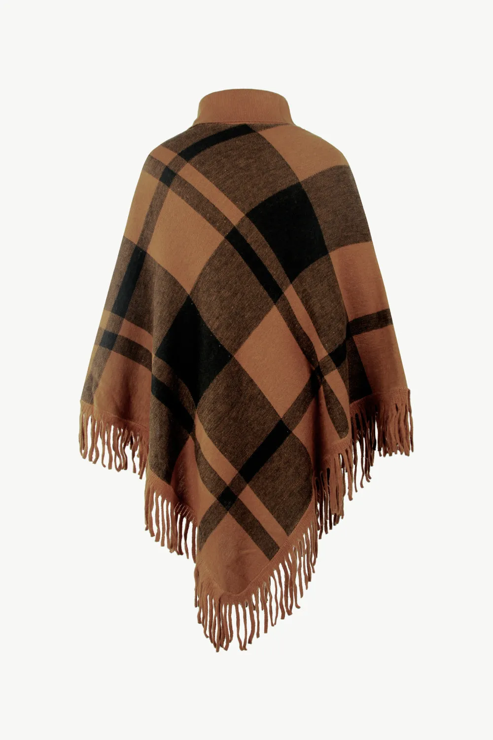 Plaid Turtleneck Fringe Hem Poncho | Trendy Casual Stretch Acrylic Poncho