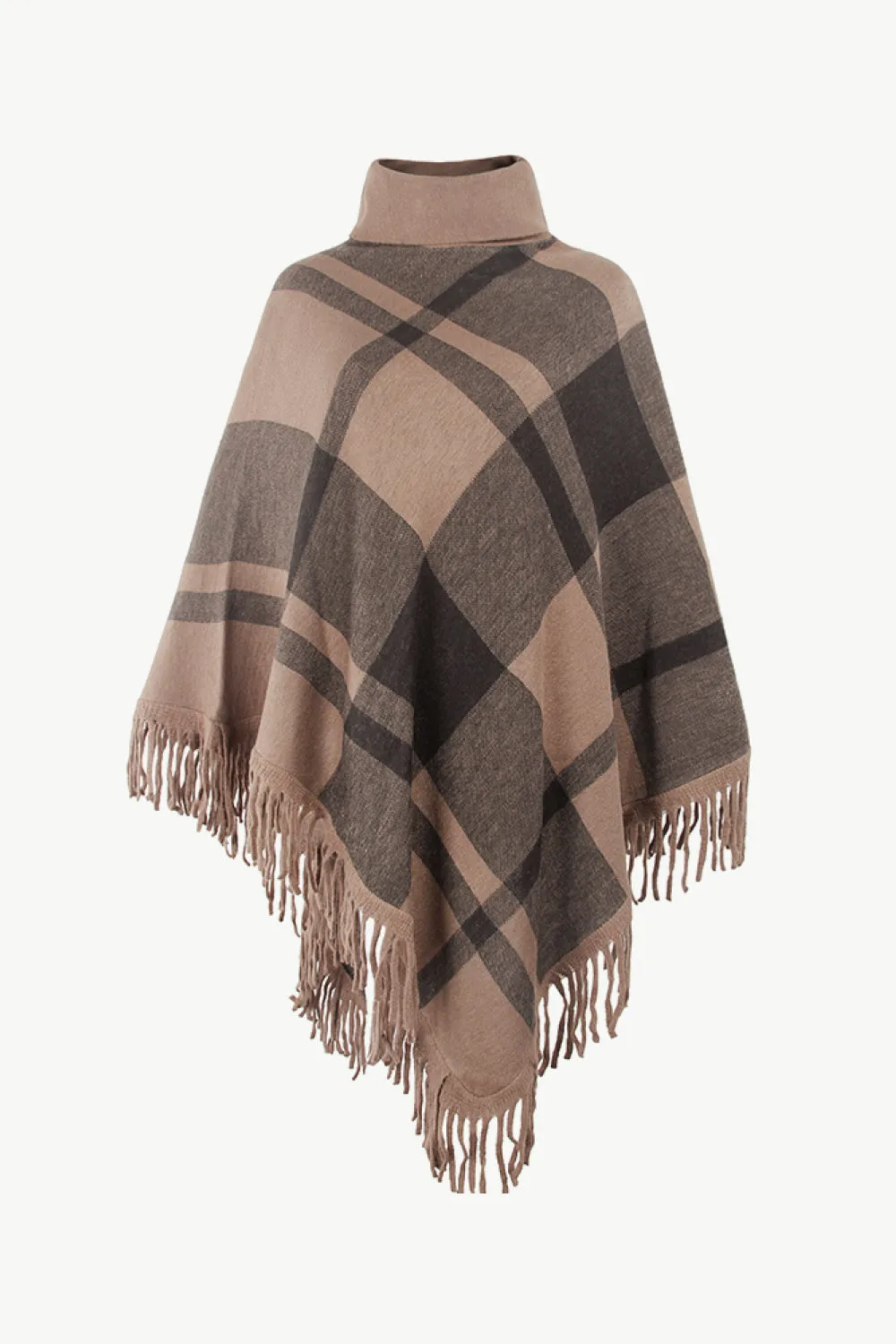 Plaid Turtleneck Fringe Hem Poncho | Trendy Casual Stretch Acrylic Poncho
