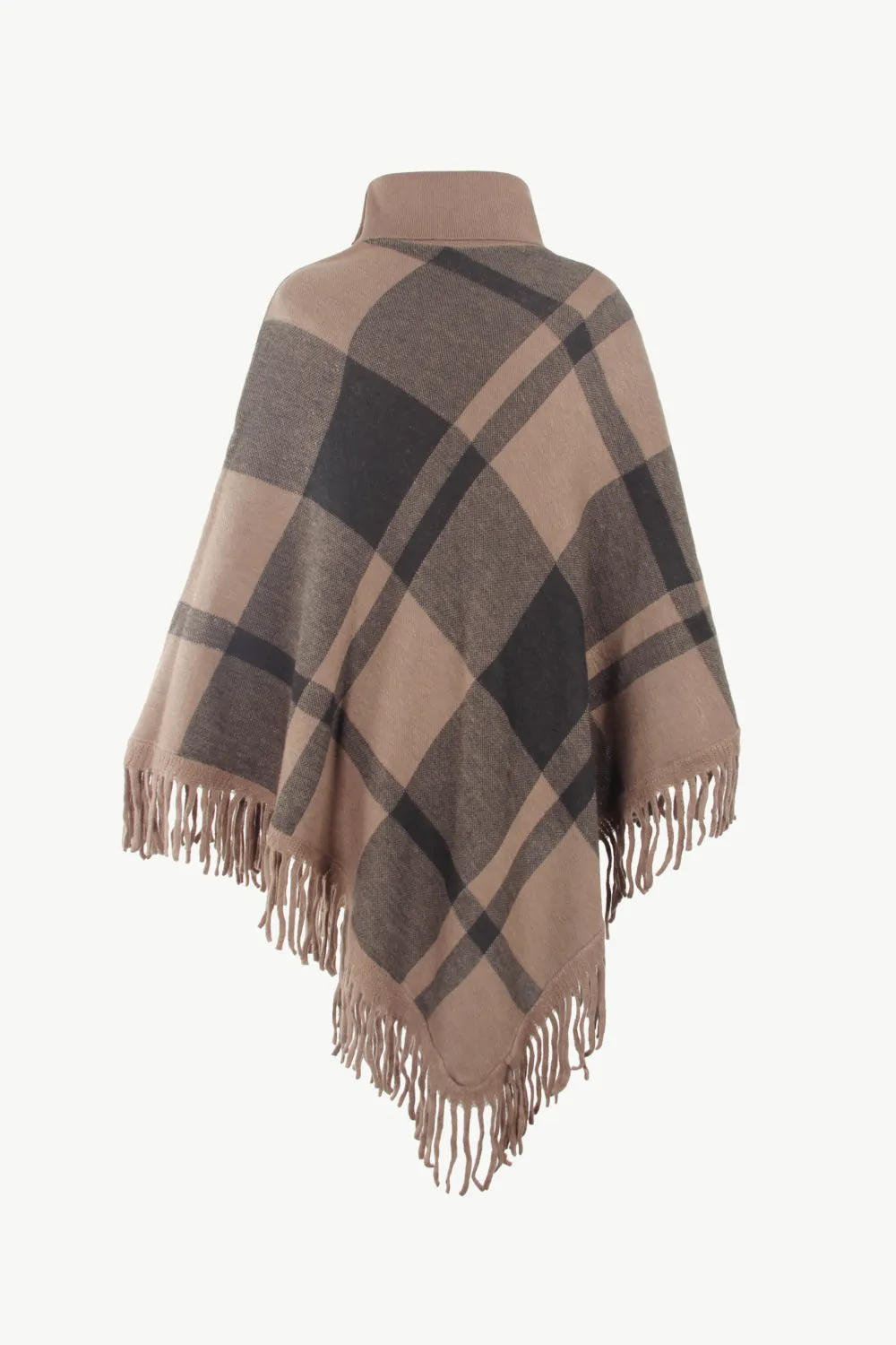 Plaid Turtleneck Fringe Hem Poncho | Trendy Casual Stretch Acrylic Poncho