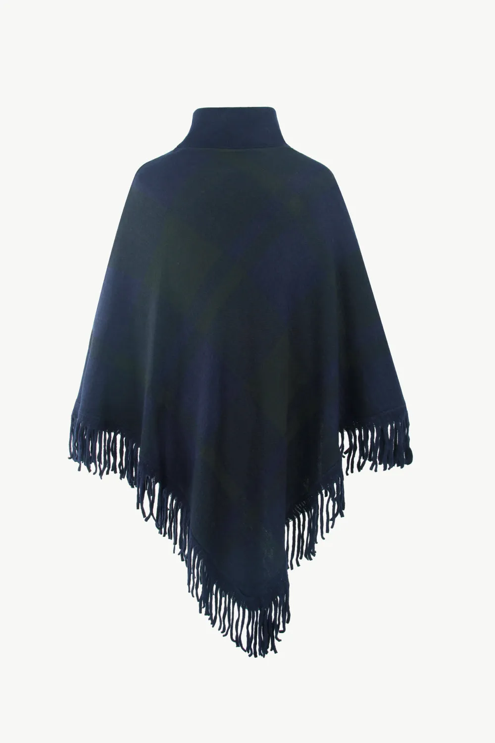 Plaid Turtleneck Fringe Hem Poncho | Trendy Casual Stretch Acrylic Poncho