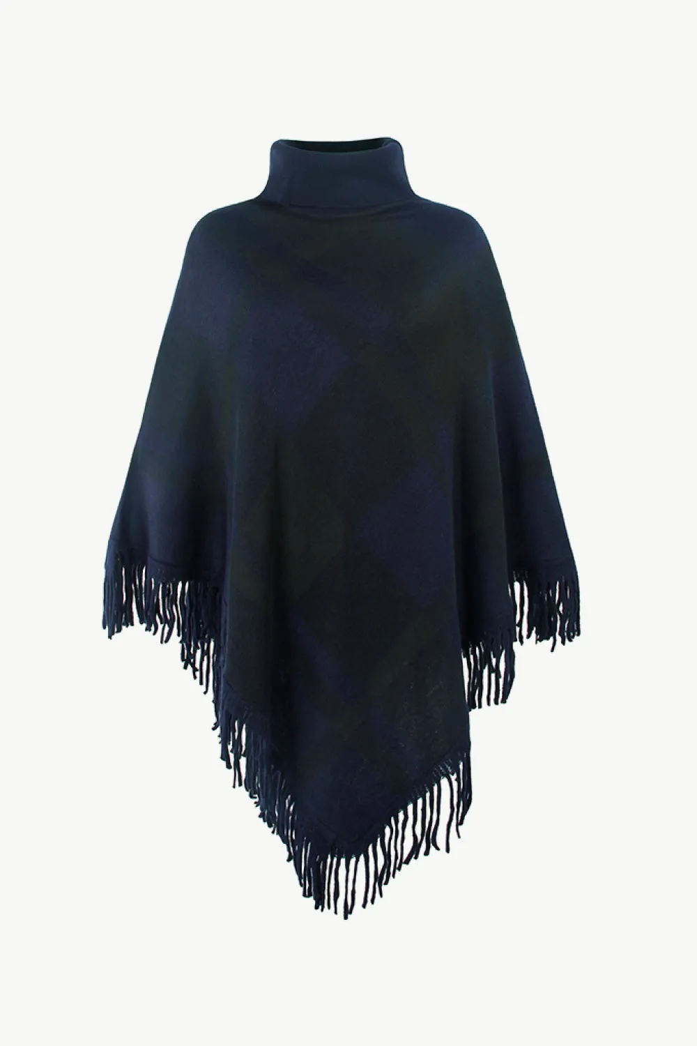 Plaid Turtleneck Fringe Hem Poncho | Trendy Casual Stretch Acrylic Poncho