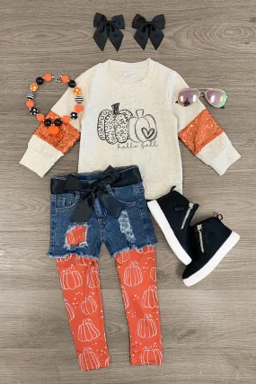 "Hello Fall" Orange Legging & Denim Short Set