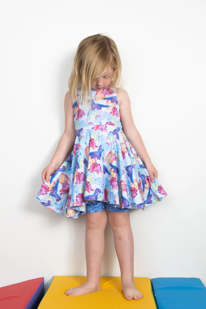 Rainbow Dinosaur Open Back Summer Twirl Grow With Me Dress
