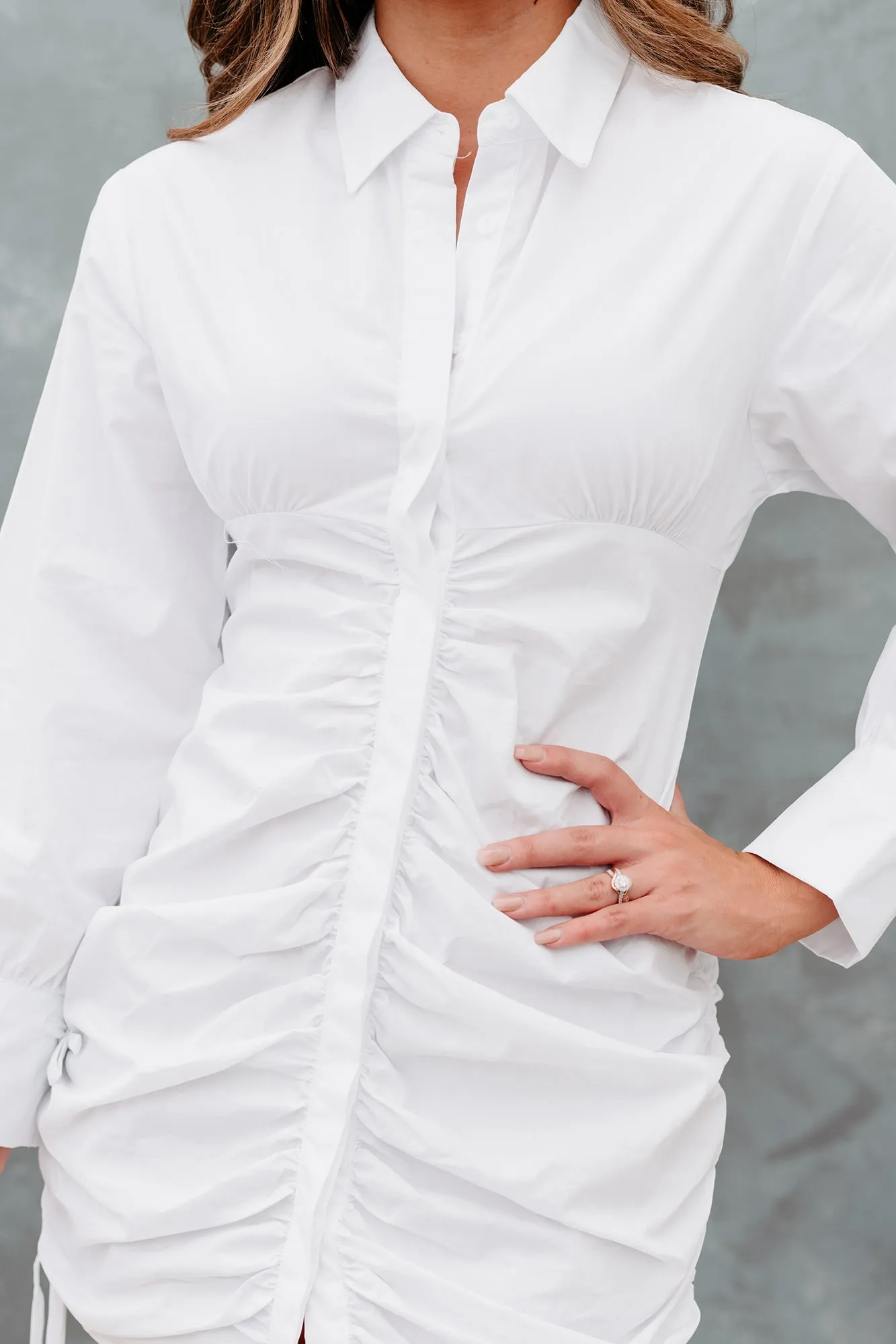 Risky Decisions Ruched Long Sleeve Shirt Dress (White)