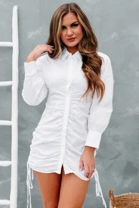 Risky Decisions Ruched Long Sleeve Shirt Dress (White)