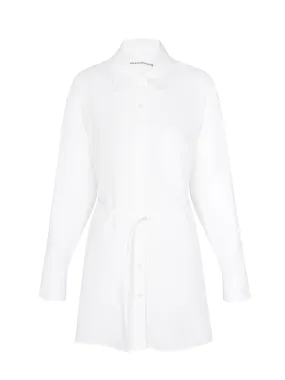 Shirt Dress With Tie Waist And Logo Embroidery (White)
