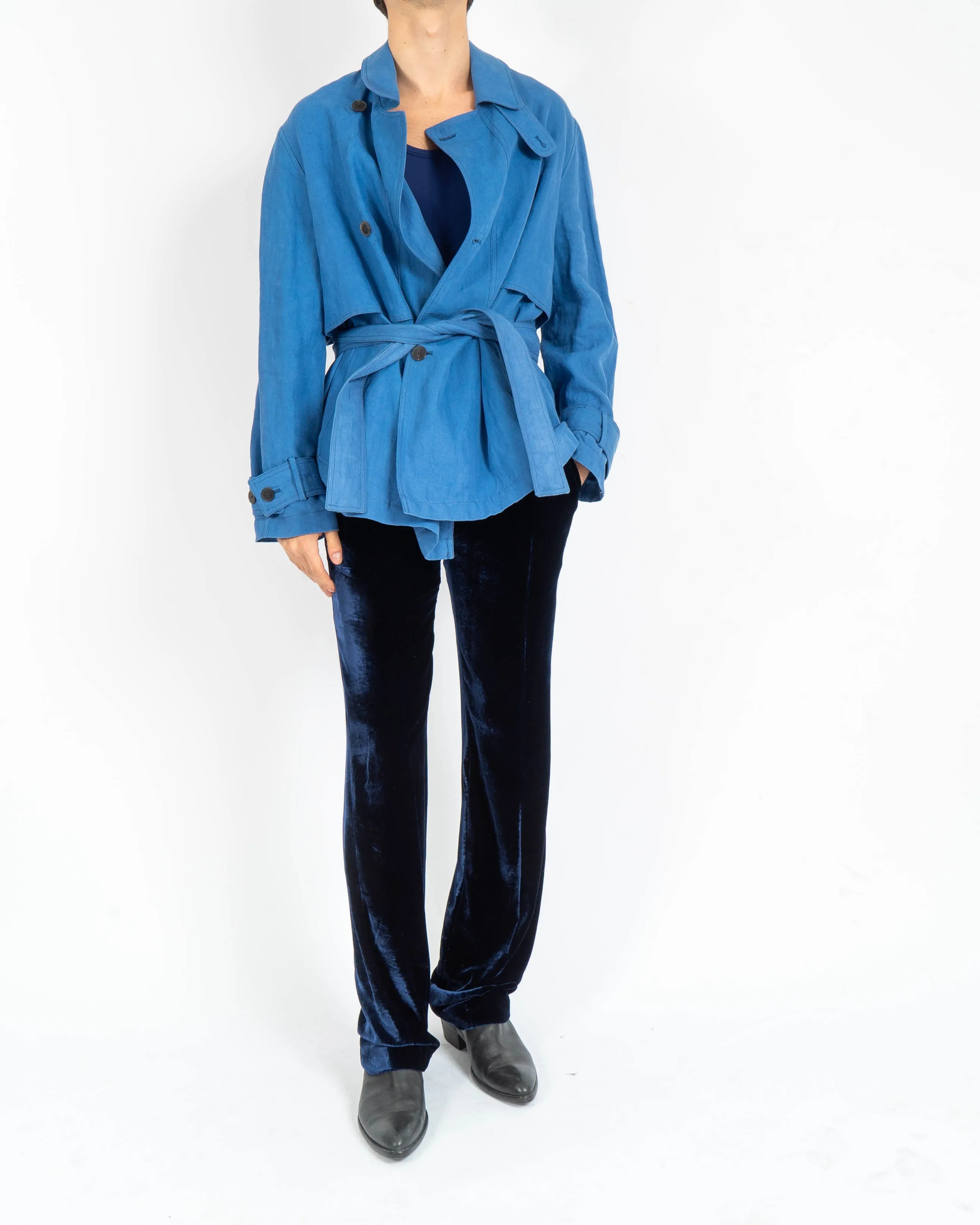 SS19 Cropped Blue Linen Caban Jacket