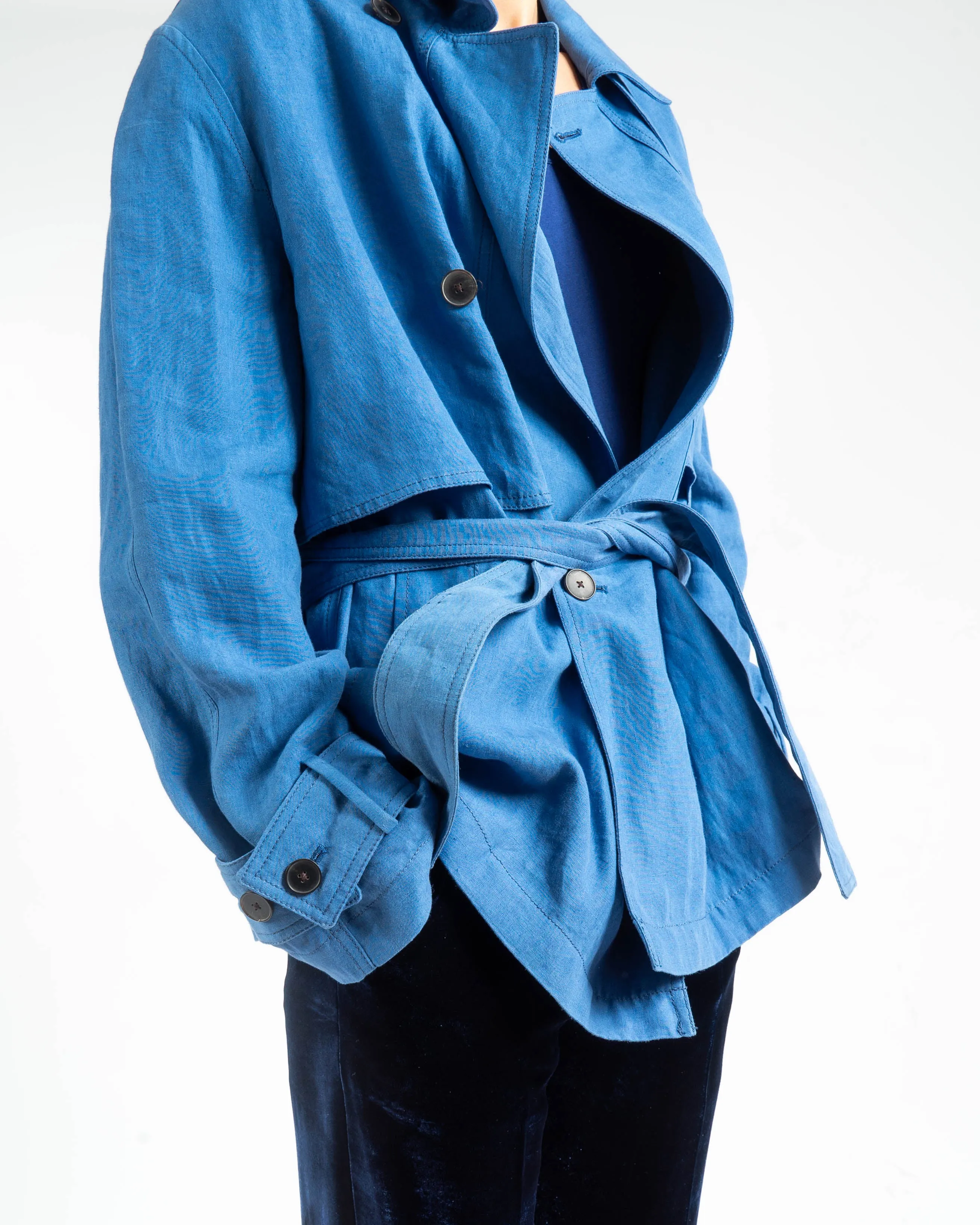 SS19 Cropped Blue Linen Caban Jacket