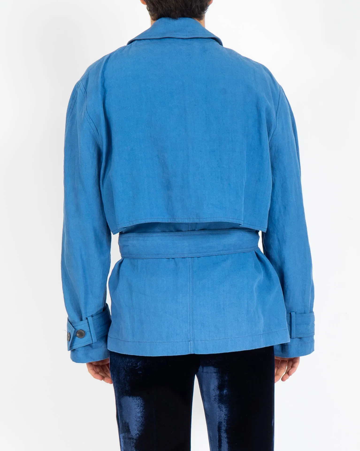SS19 Cropped Blue Linen Caban Jacket
