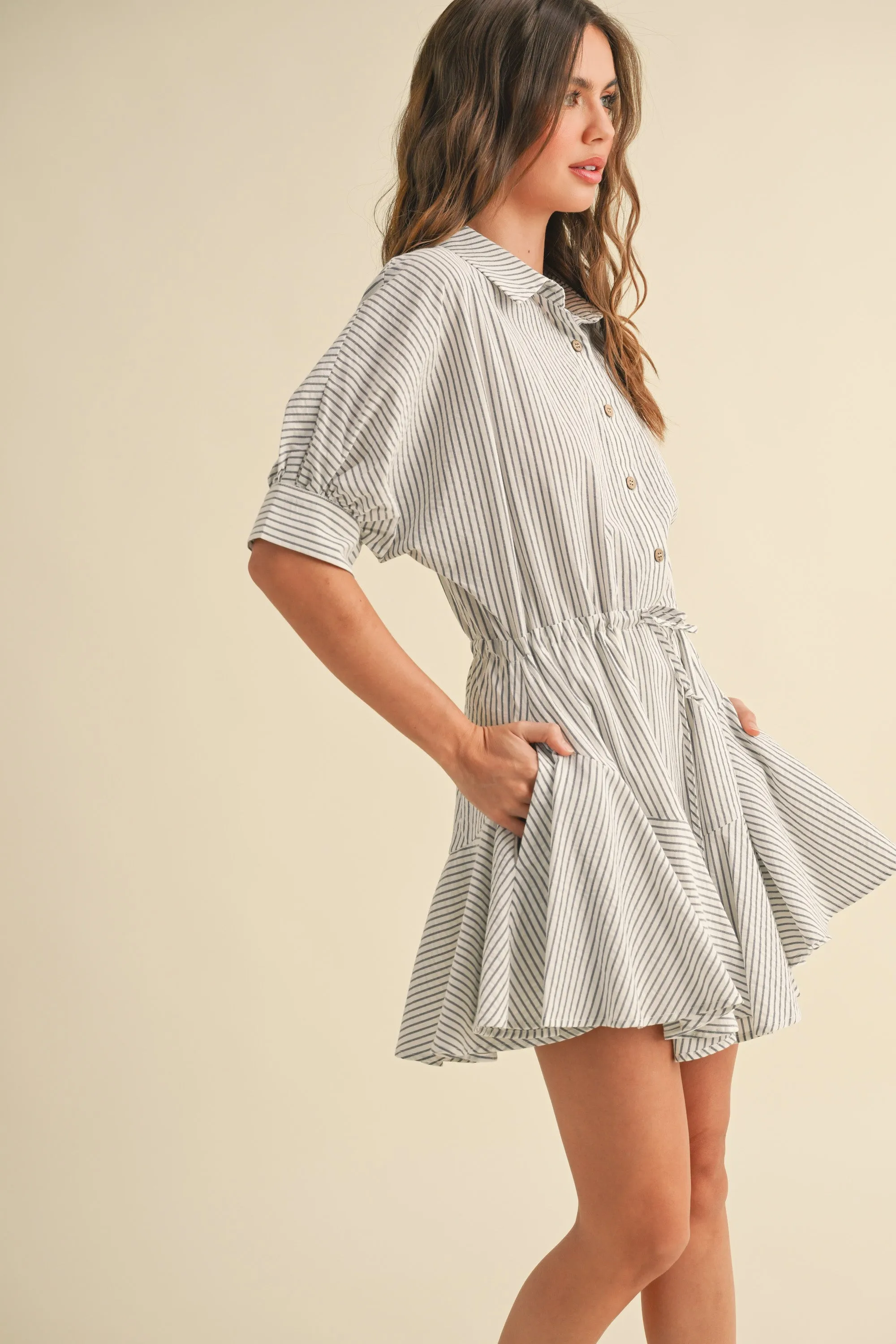 Striped Pattern Buttondown Shirt Dress