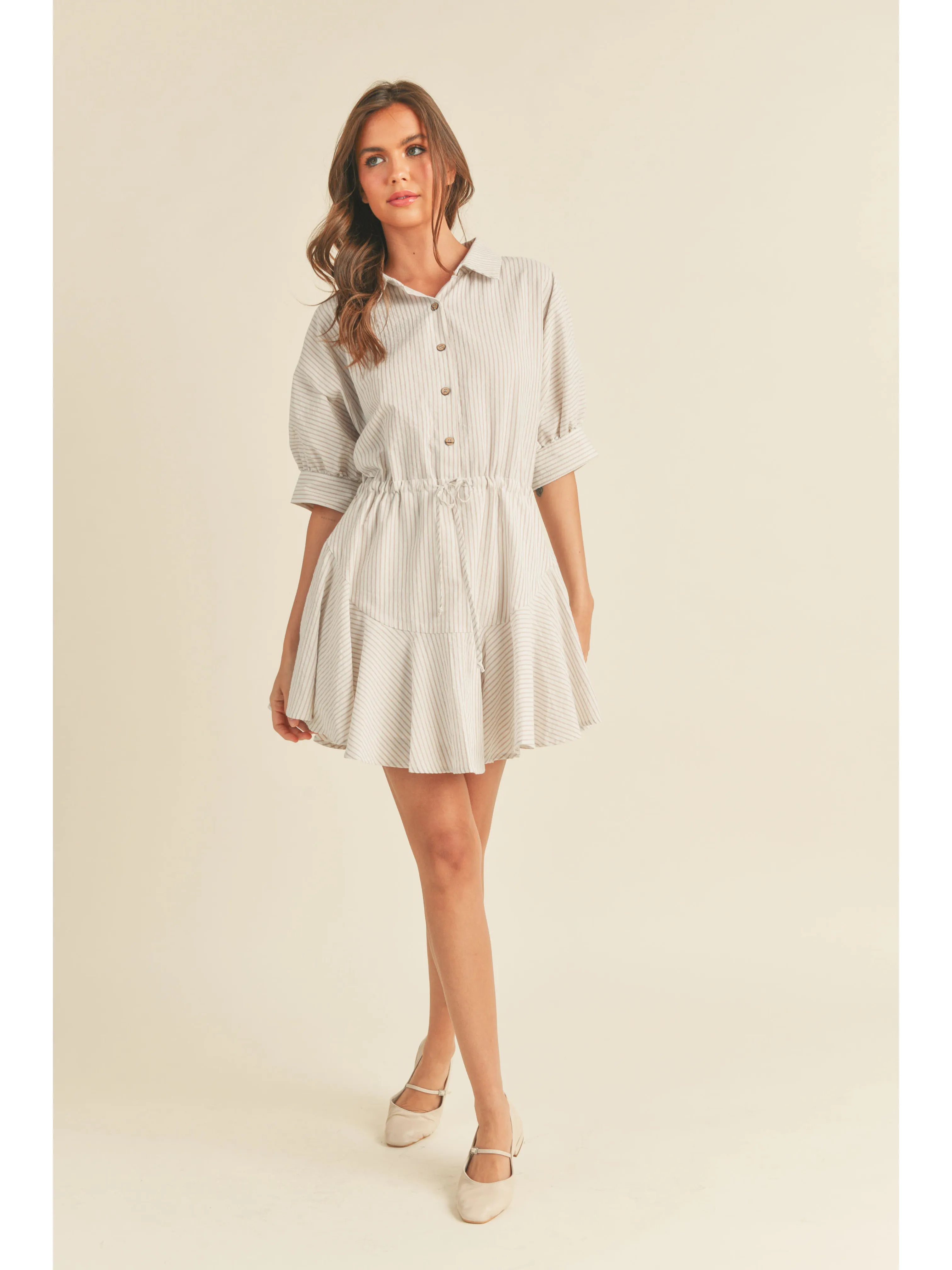 Striped Pattern Buttondown Shirt Dress