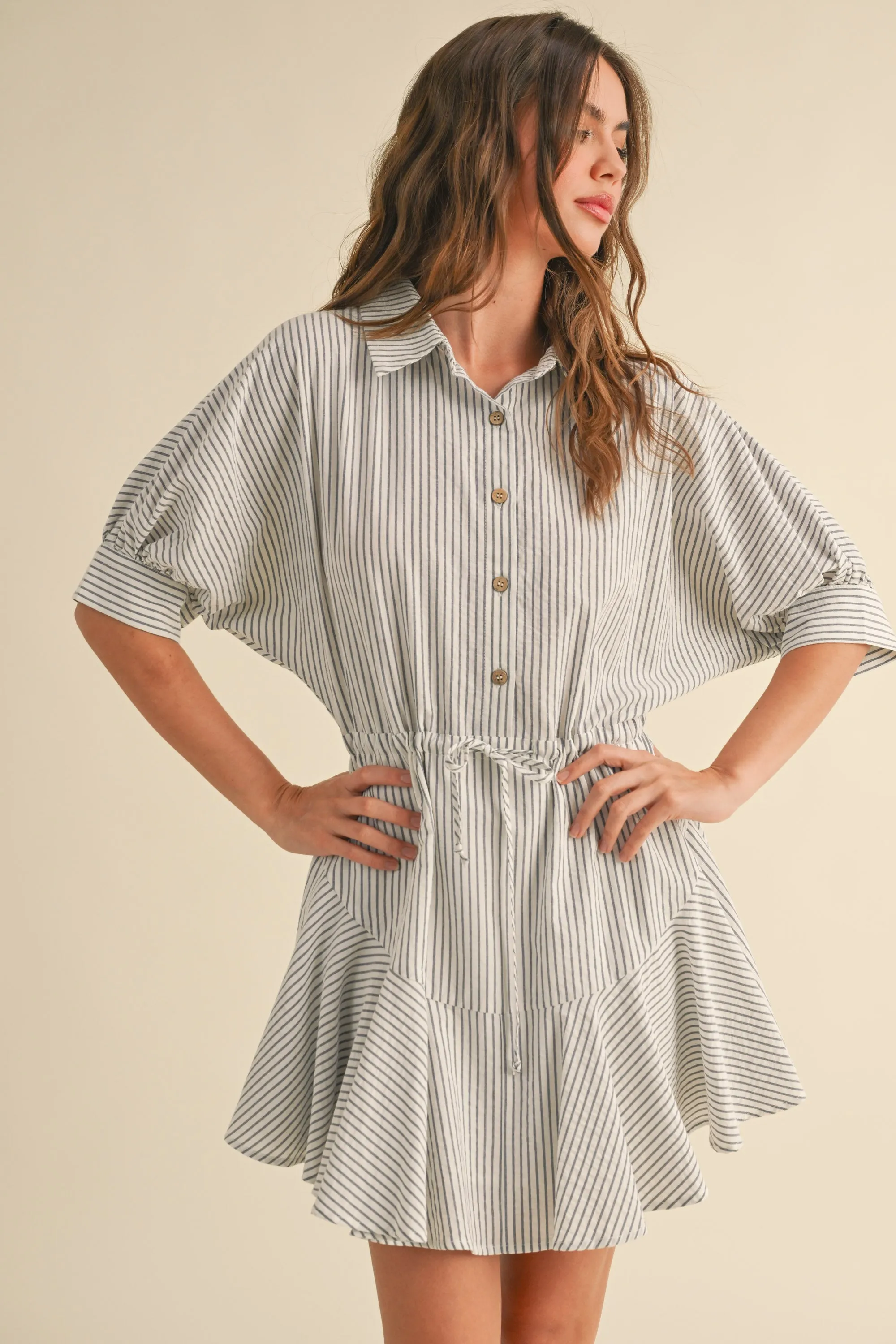 Striped Pattern Buttondown Shirt Dress