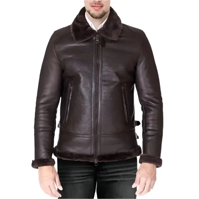 Stylish Dark Brown Shearling Lamb Biker Jacket Classic & Warm