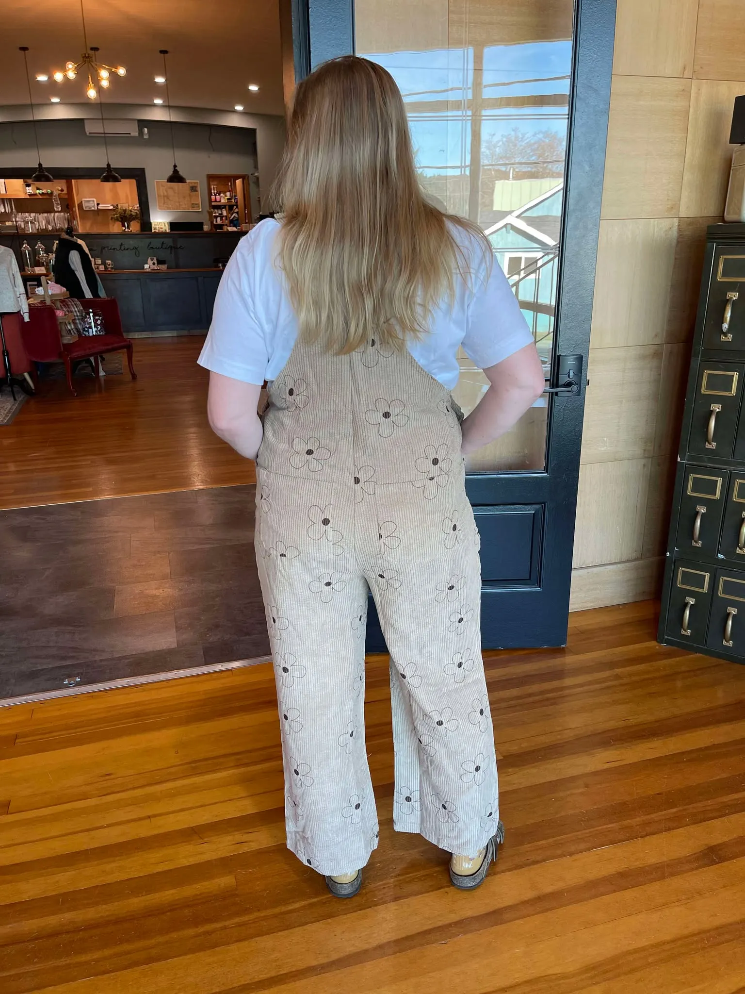 TAN FLOWER PRINT CORDUROY BIB OVERALLS
